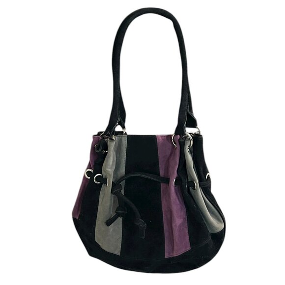 Laura Black Suede Slouchy Hobo Bag Purse Bucket Style Silver Hardware Striped - Picture 2 of 7